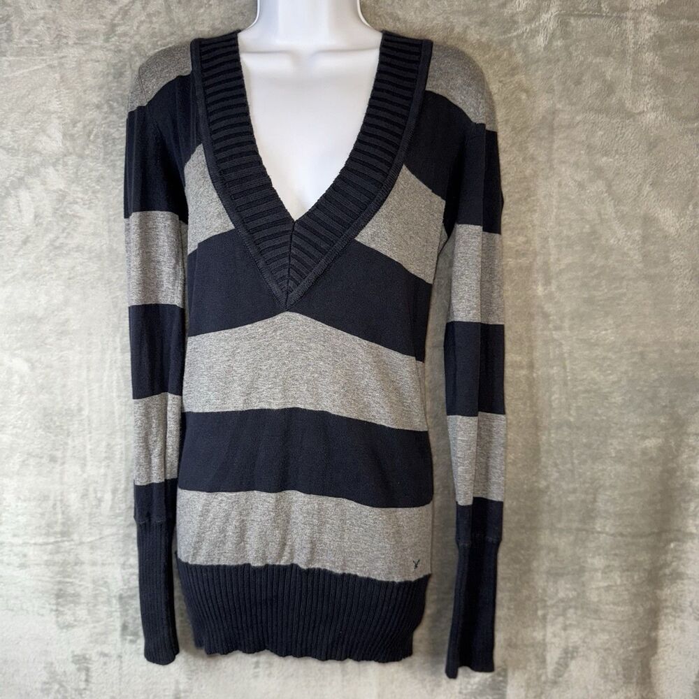 Vtg American Eagle Y2K Navy Striped Sweater Tunic Top V-Neck Fitted Preppy Sz M